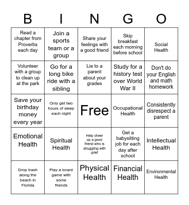 DIMENSIONS OF HEALTH Bingo Card