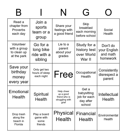 DIMENSIONS OF HEALTH Bingo Card