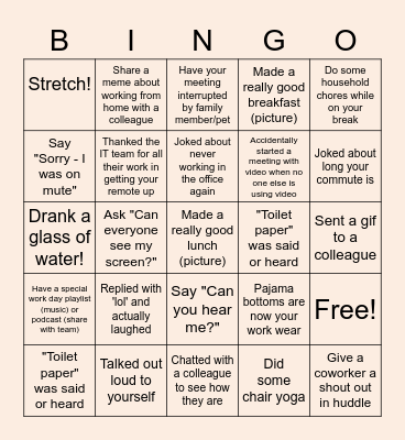Remote Work Bingo Card