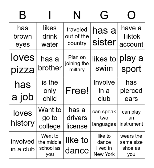 Classroom Bingo Card