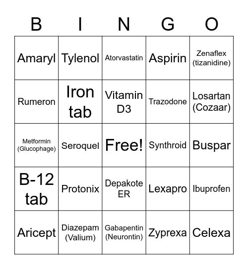 Medication Management Bingo Card