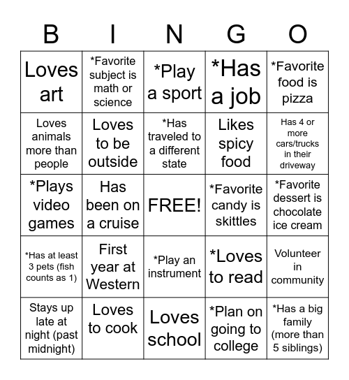 First Day Bingo Card