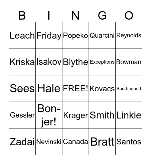 FIS FRIDAY BINGO! Bingo Card