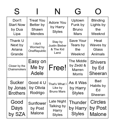 SINGO Today's Top Hit's Bingo Card