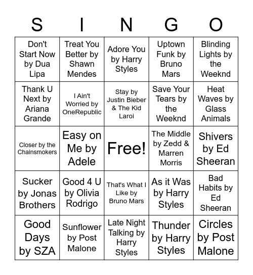 SINGO Today's Top Hit's Bingo Card
