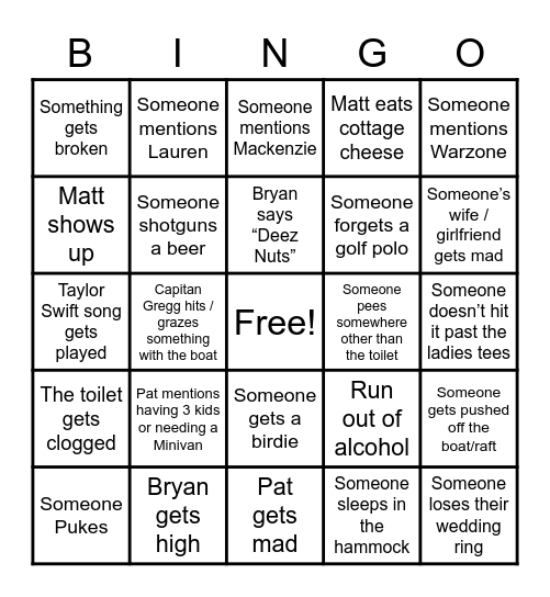 Matt S Bachelor Party Bingo Card