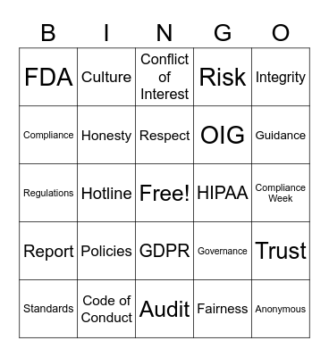 Ethics Bingo Card