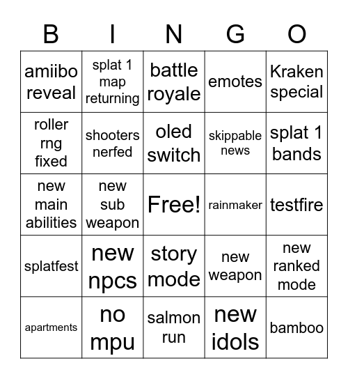 Splat Bingo Card