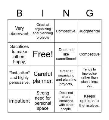 Personalities Bingo Card