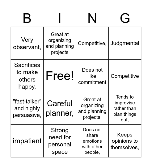 Personalities Bingo Card