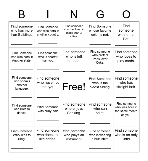 Find Someone Who Bingo Card