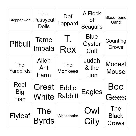 Bands with Animals Bingo Card