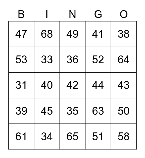 Números 31-70 Bingo Card