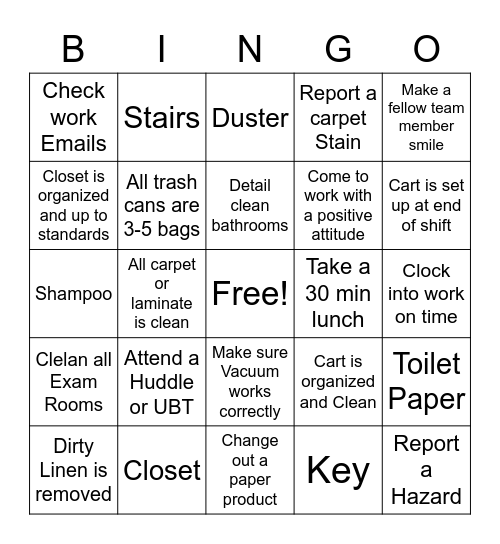 Housekeeping Bingo Card