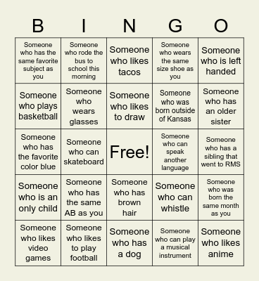 Get To Know Your Classmates Bingo Card
