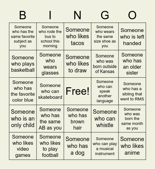 Get To Know Your Classmates Bingo Card