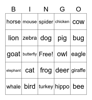 Animals Bingo Card