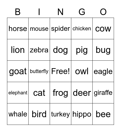 Animals Bingo Card
