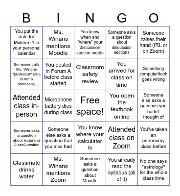 First Day Bingo! Bingo Card