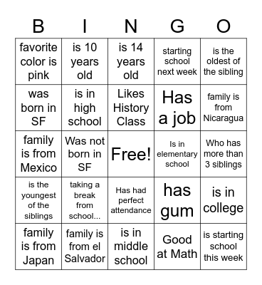 Find a Friend Bingo Card