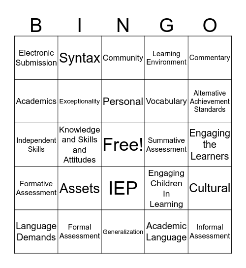 SED 363 Academic Vocabulary Bingo Card