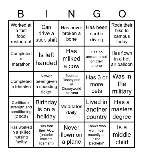 Get To Know You BINGO Card