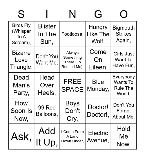 Singo! Bingo Card