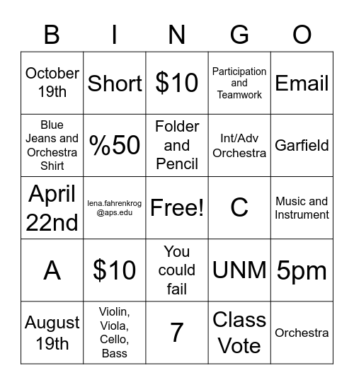 Garfield Syllabus Bingo Card