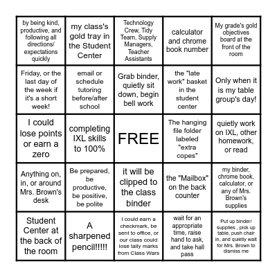 Procedures/ Expectations Bingo Card