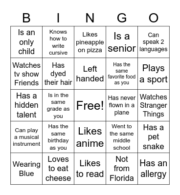1st day of school -Find someone who Bingo Card