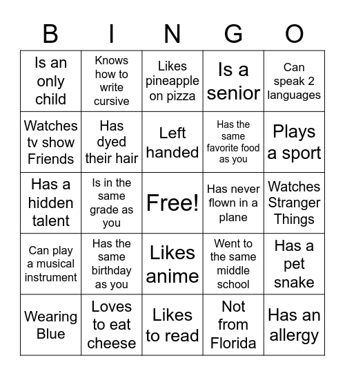 1st day of school -Find someone who Bingo Card