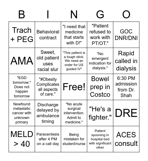 Chandler Wards Intern Bingo Card