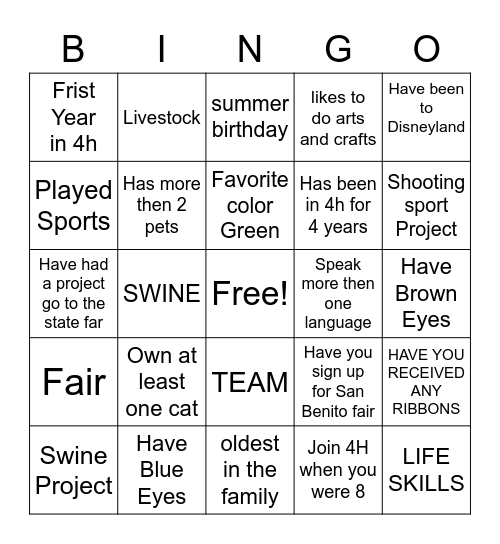 Mission 4-H Bingo Card