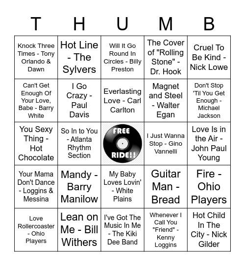 70s Pop Hits Bingo Card