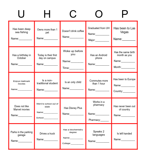 UHCOP Orientation Bingo Card