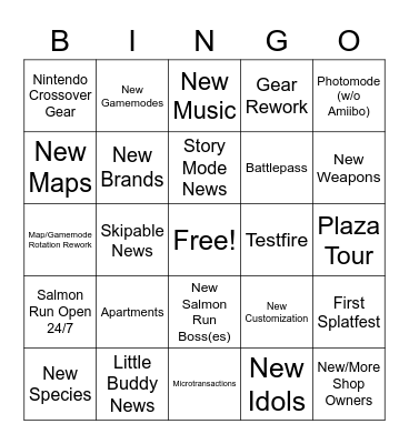 Splatoon Direct Bingo Card