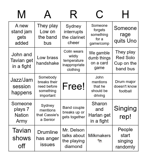 Marching Band Bingo 2022 Bingo Card