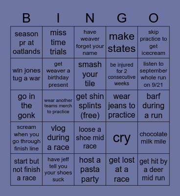 Cross Country Bingo Card