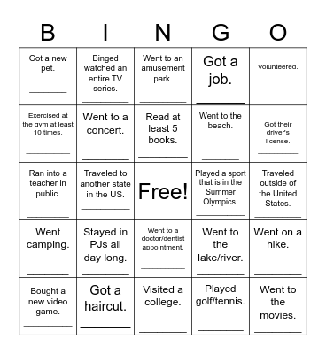 What did you do during the summer? Bingo Card