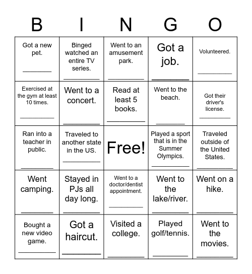 What did you do during the summer? Bingo Card