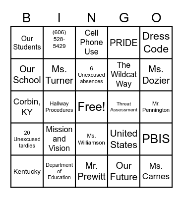 Wildcat Success Bingo Card
