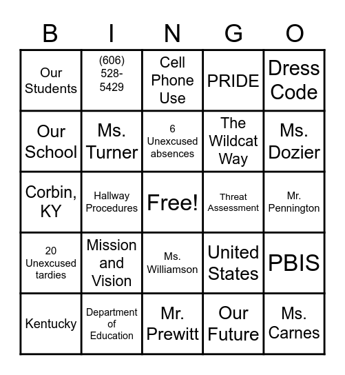 Wildcat Success Bingo Card