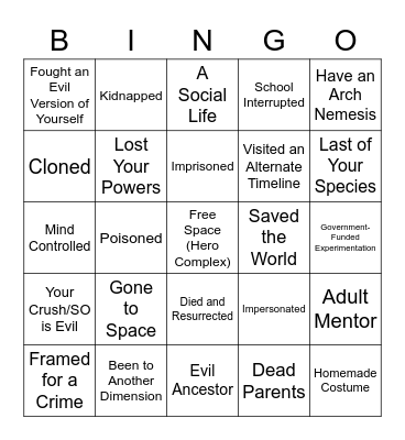 Teenage Super Hero Bingo Card