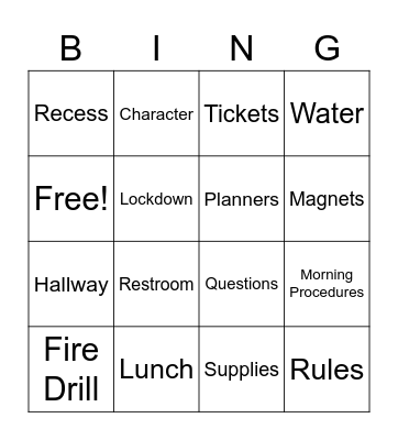 First Week of School Bingo Card