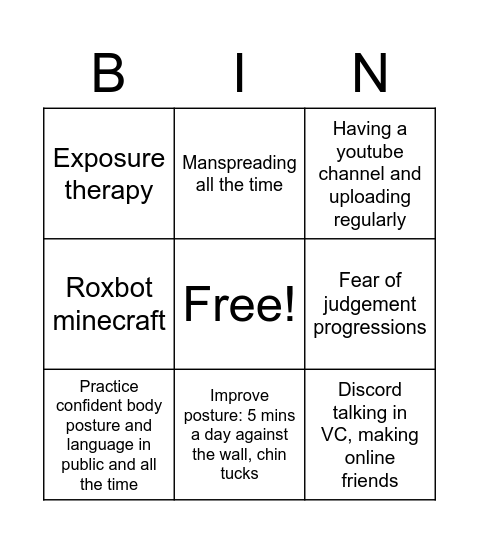 Ways to improve socially, confidence Bingo Card