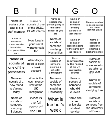 UKEC Pre-Departure Bingo Card