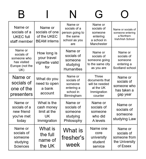 UKEC Pre-Departure Bingo Card