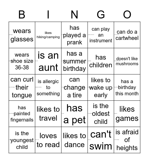 Get to know each other Bingo Card
