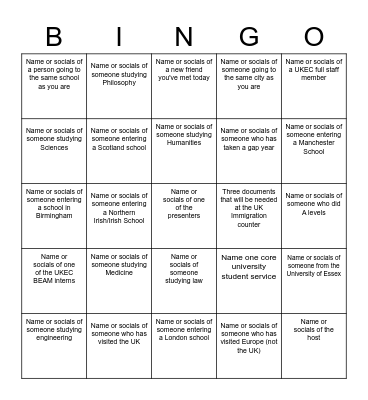 UKEC Pre-Departure Bingo Card