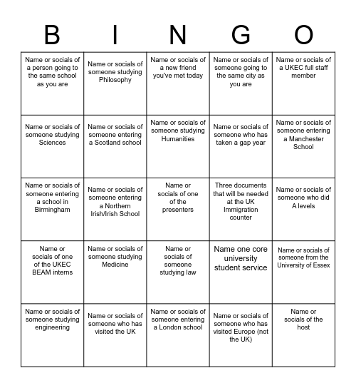 UKEC Pre-Departure Bingo Card